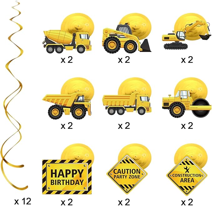 Blulu 30 Pieces Construction Birthday Party Supplies Construction Decoration Zone Party Hanging Swirl Traffic Zone Theme Streamers, Kids Boy Truck Foil Swirls Decorations(Cool)