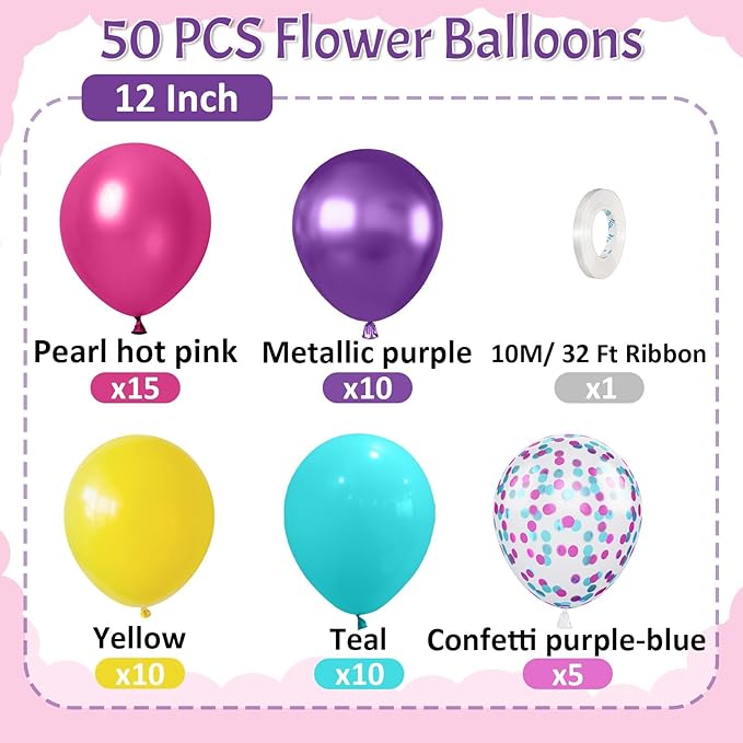 Paready Pink Blue Purple Balloons, 50 PCS Rainbow Party Balloons, 12 Inch Hot Pink Teal Blue Metallic Purple Yellow Confetti Balloon for Girls Magic Theme Baby Shower Birthday Wedding Party Decoration