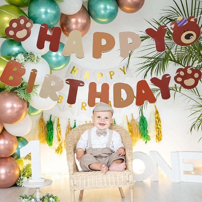 Bear Happy Birthday Banner, Cute Cartoon Bear with Paw Prints Garland, Kids Animal Themed Birthday Decorations, Fun Wall Hanging Letter Bunting Party Supplies for Boys and Girls