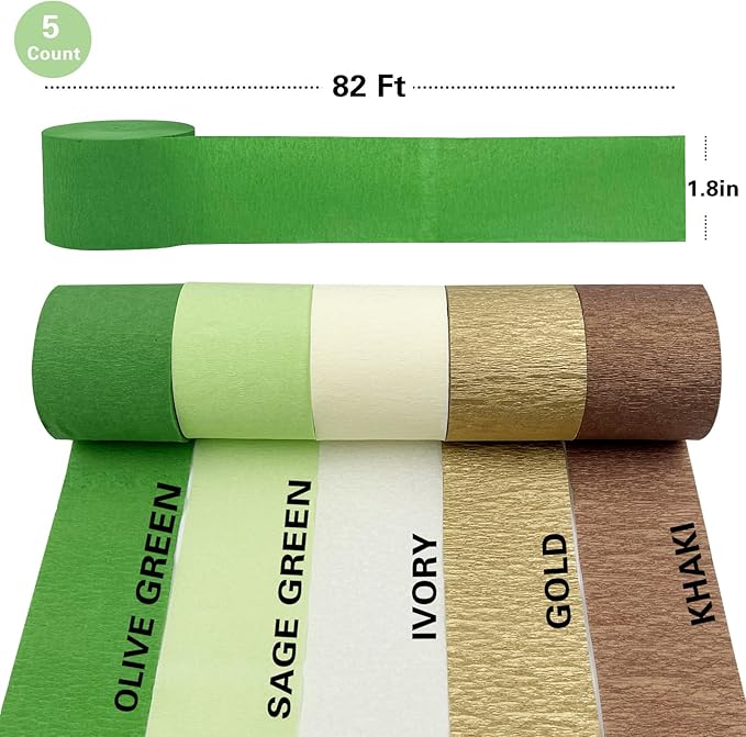 AOYOO 5 Rolls Crepe Paper Streamers - Sage Olive Green, Gold & Ivory Party Decorations for Wedding, Bridal Shower, Engagement, Boho Eucalyptus Birthday Backdrop St. Patrick's Day (Not Fabric Ribbon)
