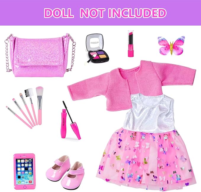 American 18 Inch Doll Makeup Accessories and Clothes,Messenger Bag Set for 18 Inch Dolls Include Phone Eye Shadow Lipstick Eyelash Brush Makeup Brush Butterfly Hair Clip and Shoes（No Doll）