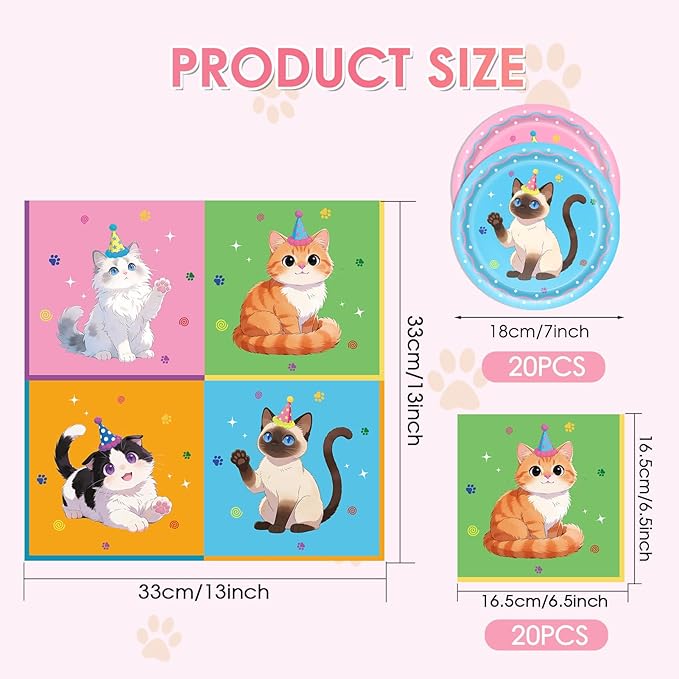 40Pcs Cat Birthday Decorations Tableware Set,Cute Kitten Theme Party Supplies Birthday Plates and Napkins Disposable Table Decor for Baby Shower Kids Birthday Gift,Serve 20 Guests