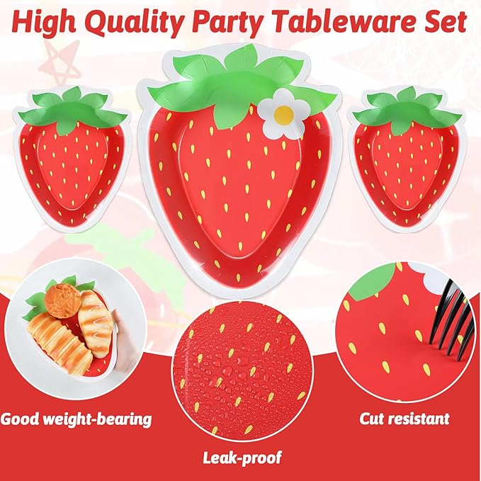 50 Count Strawberry Party Paper Plates Strawberry Theme Shortcake Dessert Cake Disposable Plates for Birthday Parties, Weddings, Baby Showers Decorations Supplies