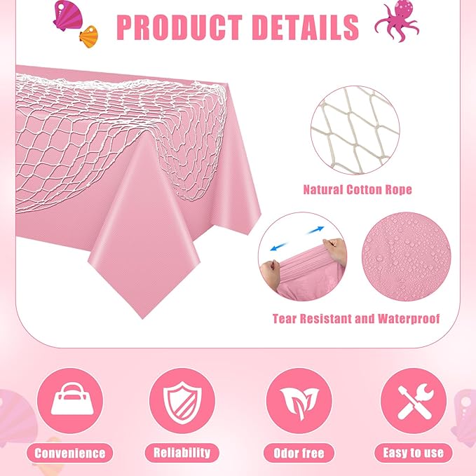 Unittype 6 Pack Fish Net Decorative and Tablecloth Set, Cotton Fishnet and Plastic Table Cover Decorations Set for Nautical Themed Party Baby Shower Pirate Decorations Mermaid Party Supply (Pink)