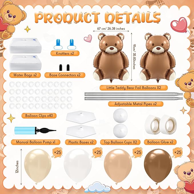 Kasyat 2 Set Bear Balloon Column Stand Kit Bearly Baby Shower Balloon Arch Kit, Bear Baby Shower Decorations with Brown Beige Nude Tan Balloons for Boho Neutral Gender Reveal Birthday Party