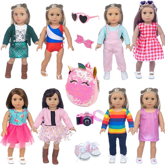 Ebuddy Doll Clothes & Accessories - 8 Sets Outfit with Shoes, Backpack, Glasses, Camera, Pad for 18 Inch Girl Dolls