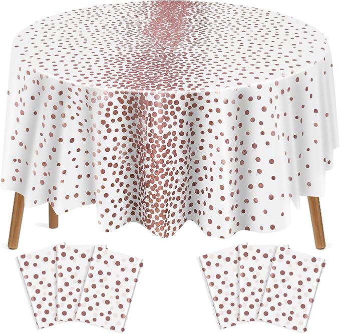 VitalCozy Round Dot Tablecloth 84 Inch Plastic Table Cover Polka Dot Confetti Tablecloths for Easter 2026 Graduation Prom Wedding Birthday Spring Party Supplies(White and Rose Gold,6 Pcs)