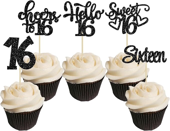 30Pcs 16th Birthday Cupcake Toppers Sixteen Happy 16th Cupcake Picks Sweet 16 Cake Decorations for Birthday Anniversary Party Supplies Black Glitter