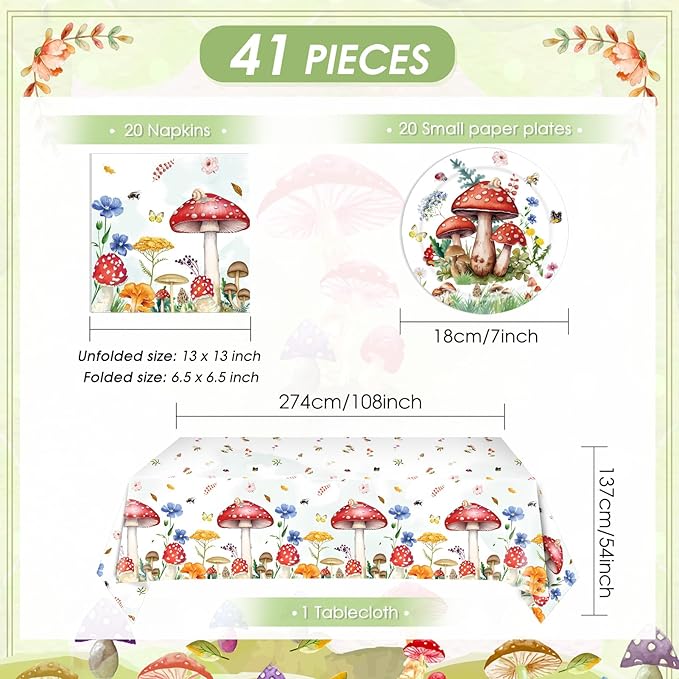 41Pcs Mushroom Birthday Decorations Enchanted Forest Party Tableware Set Wonderland Wildflower Mushroom Paper Plates Napkins Tablecloth丨Baby Shower Fairy Tale Party Cottagecore Party Decor,Serve 20