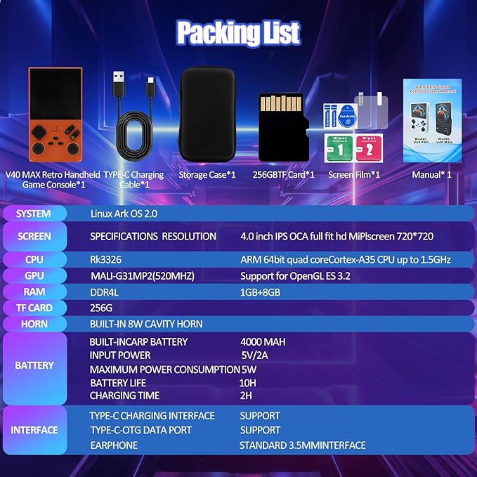 2026Newly Upgraded V40 MAX Retro Handheld Game Console with 256G Built-in 20000+ Classic Games, 4.0 Inch 4K HD IPS Screen Open Source Linux System, 4000mAh Battery, Portable Pocket Video Game Console