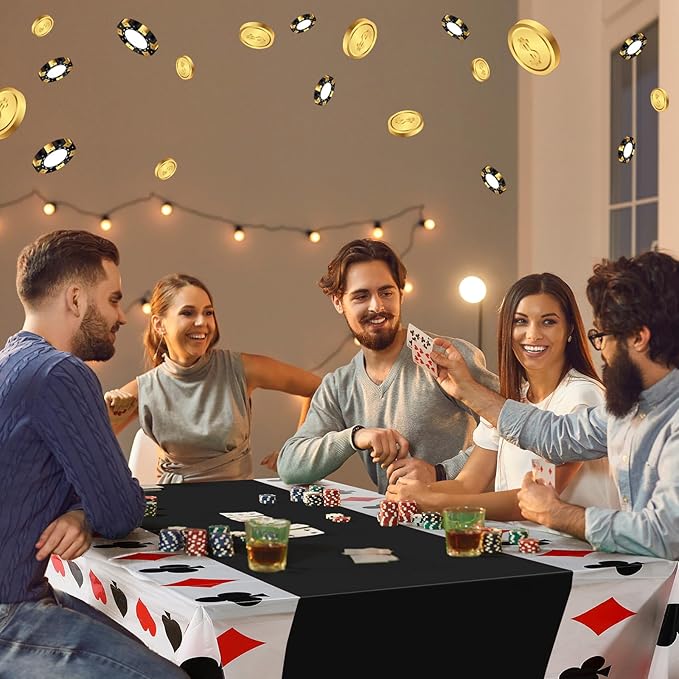 Hosuly 3 Pcs Casino Theme Party Decorations Poker Tablecloth Poker Plastic Disposable Table Cover Casino Theme Tablecloth for Game Birthday Playing Card Party Picnic Supplies, 51 x 108 Inch (Black)