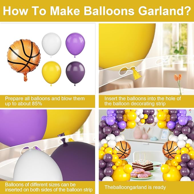 Purple Yellow Balloon Garland Arch Kit,Dark Purple White Latex Balloons with Basketball Foil Balloon for Boys Girls Birthday Graduation Party Decoration,Basketball Sport Theme Party Decor Supplies