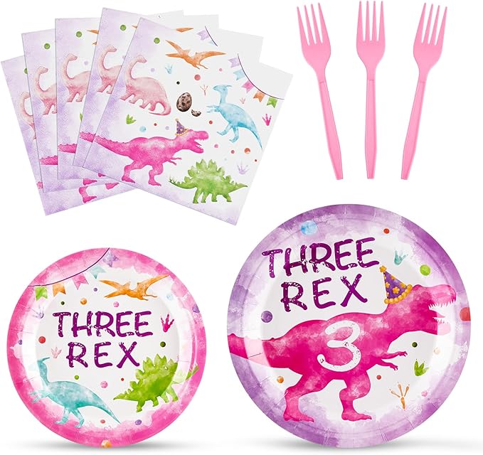 WERNNSAI Dinosaur 3rd Party Decorations - 64PCS Dinosaur Plates Napkins and Forks Set Three Rex Birthday Decorations for Kids Girls 3 year old Birthday Decorations Serves 16 Guests