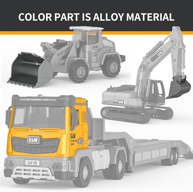 Kids Toys for 3 4 5 6 7 Years Old Boys, Die-cast Construction Toys Set w/Semi Truck, Excavator, Bulldozer, Alloy Engineering Construction Vehicles Truck Toys w/Lights & Sounds, Model Cars