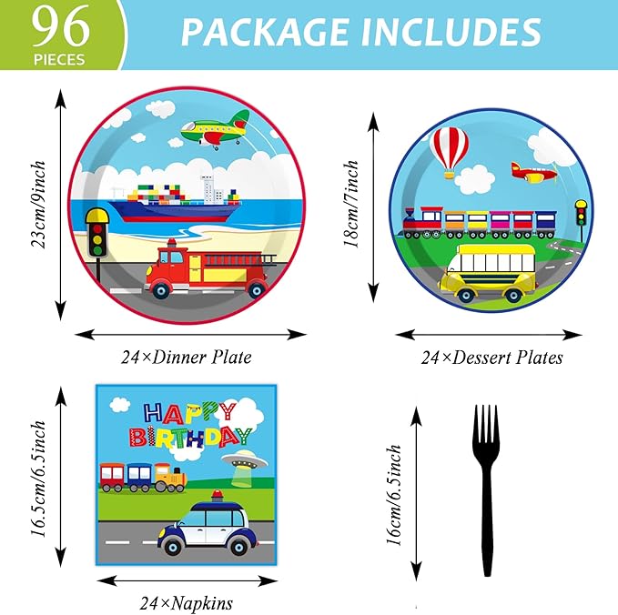 gisgfim 96 Pcs Transportation Plates and Napkins Party Supplies Car Tableware Set Bus Train Plane Ship Traffic Light Decorations Favors for Girls Boys Birthday Baby Shower Serves 24