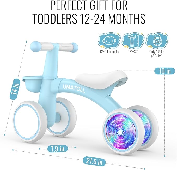 Umatoll Colorful Lighting Baby Balance Bike Toys for 1 Year Old Boys Gifts, Adjustable Seat Baby Walker, One Year Old Boy Birthday Gifts, 12-24 Months Toddler First Ride on Toys