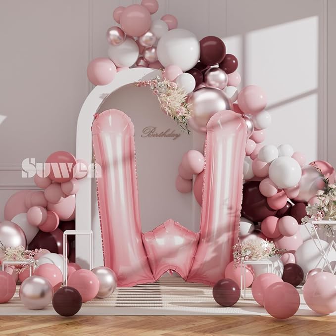 SUWEN 40 Inch Pink Large W Letter Balloons Big Foil Helium Letter Balloons A-Z Jumbo Mylar Happy Birthday Party Decorations for Girl Anniversary Party Supplies