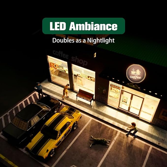 1/64 Model Car Display Shop Case for Adults, Premium in-House-Design Scale Diecast Parking Garage for Toy Cars, Toys Car Garage, Scenic Diorama Display Car Park with ith LED Lamps, Gifts for Men