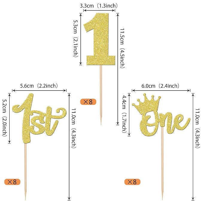 24 PCS 1st Birthday Cupcake Toppers - Glitter Crown Cupcake Picks for Baby Shower Kids 1st Birthday Boho Theme Party Cake Decorations - Gold