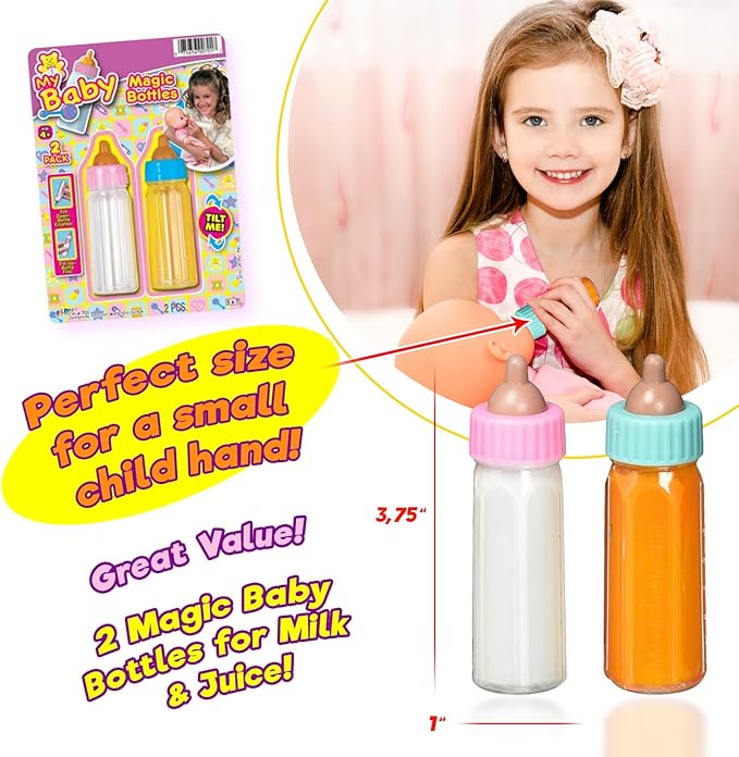 JA-RU Magic Baby Doll Bottles Milk Bottle and Juice Bottle, Great Baby Doll Accessories. Set with 2 Bottles. 701-6
