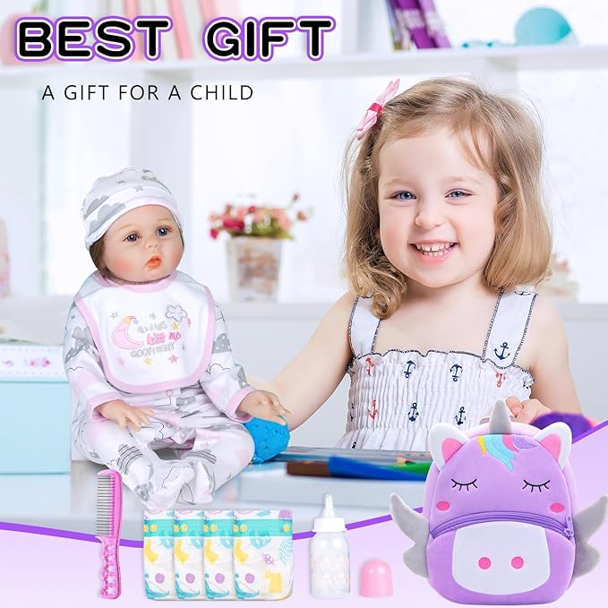 12 Pcs Reborn Baby Doll Clothes for 18-22 Inch Reborn Dolls Clothes Accessories Purple Big Backpack+Diapers +Bottle