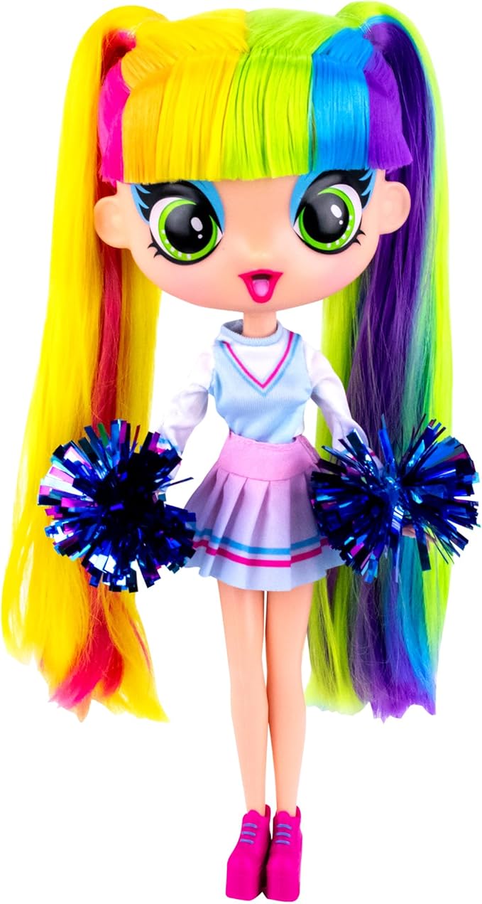 Decora Fashion Girlz Doll – Decora Cheerleader 11” Poseable Fashion Doll with Long Rainbow Hair, 50+ Surprises, Fabric Outfit, Removable Stickers, Accessories & Doll Stand, Collectible for Girls 4–9