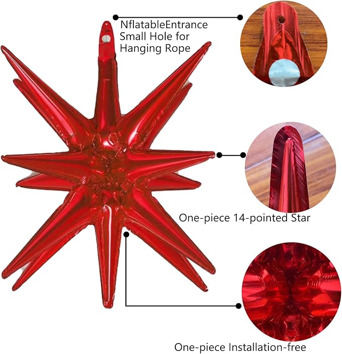 6 Pcs Red Star Foil Balloons One-Piece 14-Pointed Star Balloon 4D Cone Mylar 22inch Christmas Birthday Wedding Fireworks Shape Party Supplies (Red)