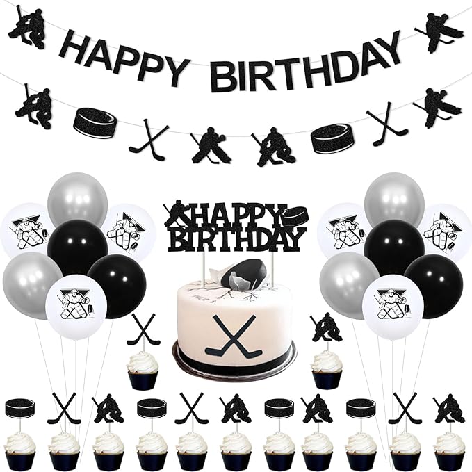 Ice Hockey Birthday Decorations for Boys Hockey Birthday Party Supplies with Ice Hockey Happy Birthday Banner Cupcake Cake Toppers Hockey Garland for Sports Birthday Party Supplies