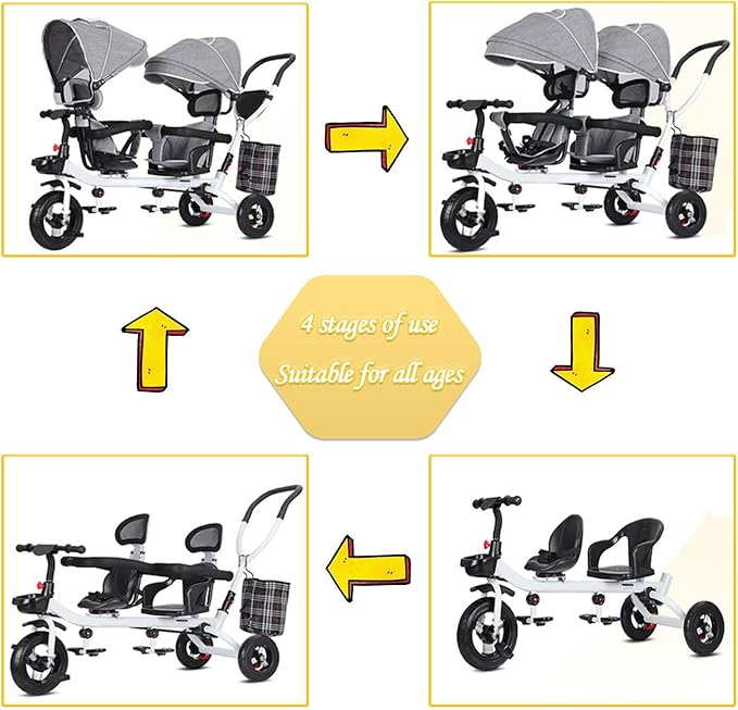 Kids Tricycle - 4 in 1 Double Seat Children'S Tricycle, Toddler Pushchair, Detachable Canopy, Folding Pedals, Reversible Seat, Removable Guardrail, Suitable for 1 to 6 Years Old Children,Gray