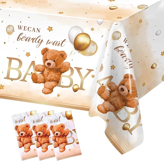 3PCS Bear Baby Shower Tablecloth, We Can Bearly Wait Teddy Bear Tablecloth Boho Brown Balloon Star Plastic Table Cover for Kids Birthday Party, Gender Reveal, Baby Shower, 51.2X 86.6inch