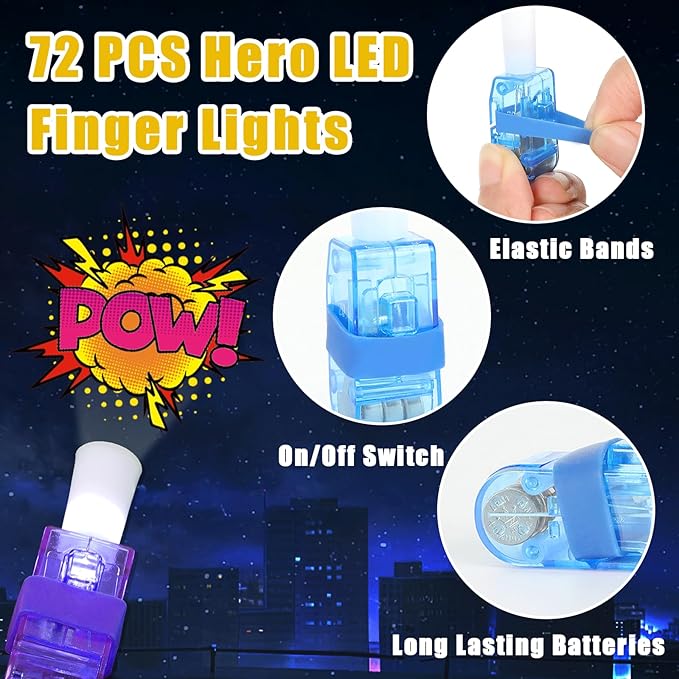 CHUNNIN 72 PCS Super Theme Hero Party Favors Hero Finger Lights LED Light Up Glow in the Dark Party Finger Flashlights Bulk for Goodie Treat Bags Stuffers Super Theme Birthday Party Supplies
