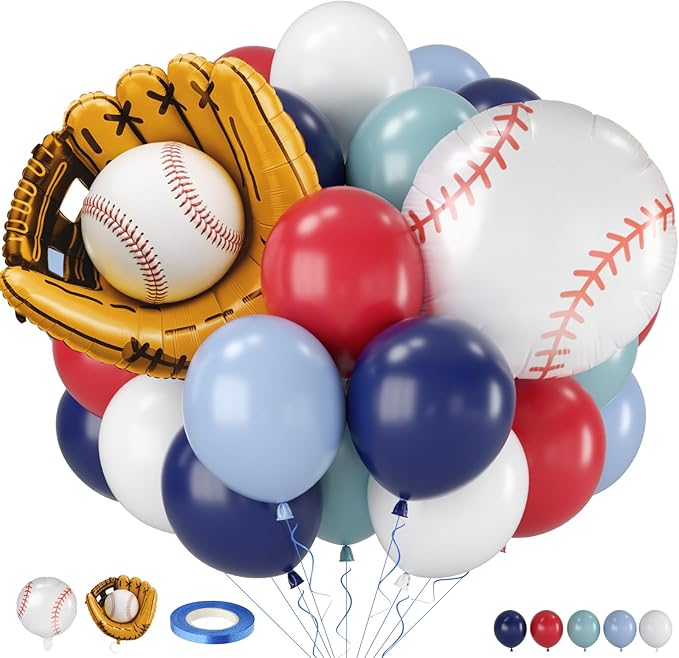 Baseball Balloons, 12 Inch Navy Blue Red White Light Dusty Blue Balloons with Baseball Gloves Ball Foil Balloon for Boys Baseball Themed Birthday Baby Shower Sport Theme Party Decorations