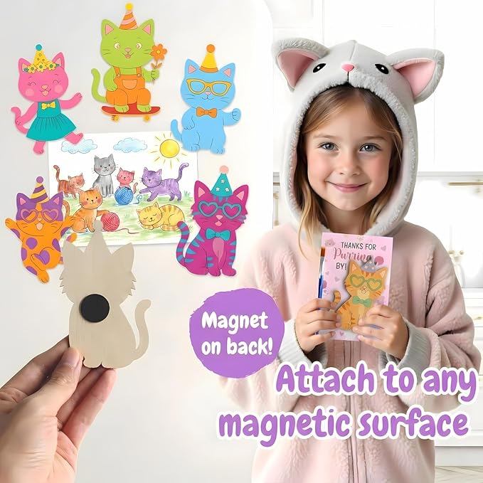 12 Pack Cat Party Favors for Kids - Individually Wrapped Paint Your Own Wooden Magnet Kits, Cute Pink Kitten Themed Party Supplies for Girls