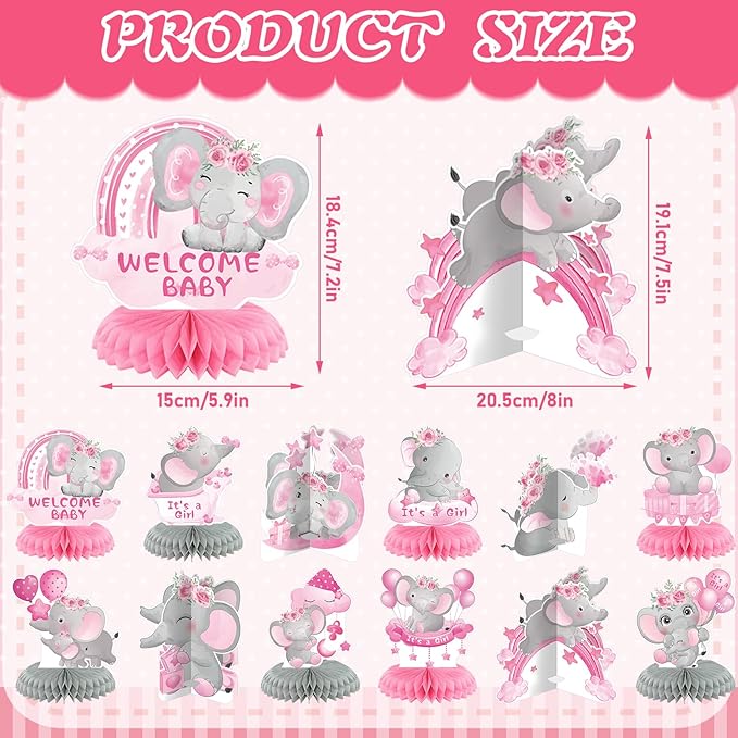 12 Pcs Pink Elephant Baby Shower Decorations Honeycomb Centerpieces Elephant Baby Shower Table Decoration Balloon Moon Flowers Table Topper for Birthday Party Favors Supplies