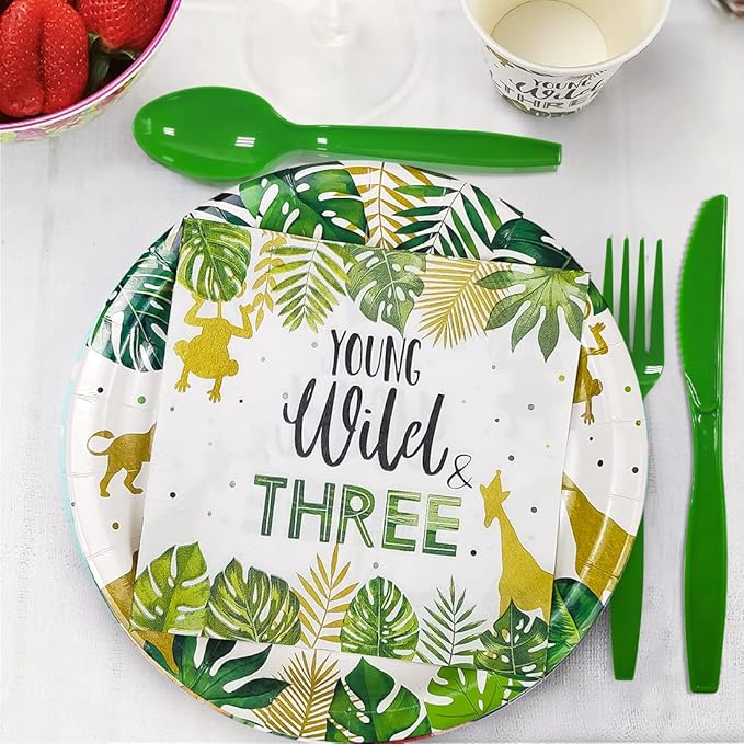 Young Wild And Three Decorations Tableware, Safari Jungle Theme 3rd Birthday Party Supplies Dinnerware Include Plates, Cup, Napkin, Cutlery, Tablecloth, For 3 Year Old Birthday Party | Serves 24