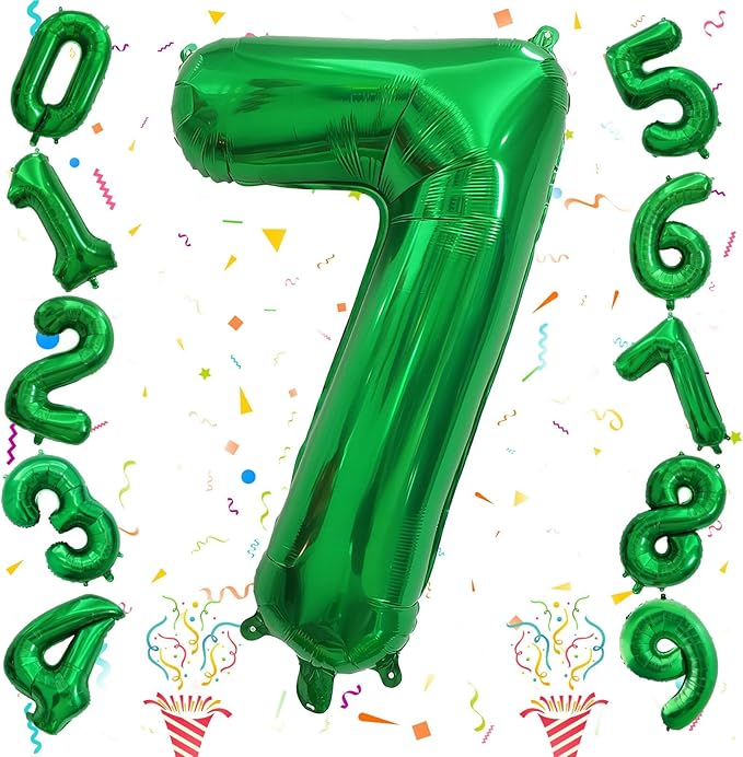 Number 7 Balloon for Boys, Giant Dark Green Self Inflating Number 0-9 Set for Girls, 40 Inch Foil Helium Balloons for 7th Birtyday Party Decoration Jungle Anniversary Celebration Women Men Supplies