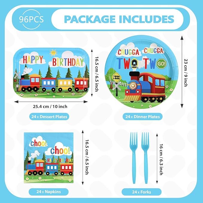96 Pcs Train 2nd Birthday Party Decorations Chugga Chugga Two Two Plates and Napkins Disposable Railroad Transportation Tableware Set for Kids Train Theme 2 Year Old Birthday Party Supplies Serves 24