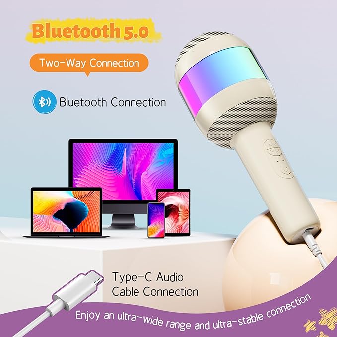 Karaoke Machine for Kids Adults, Portable Bluetooth Microphone Song Toys with LED Light, Best Chritmas Birthday Festival Party Gift for 3 4 5 6 7 8 9 10 11 12+ Year Old Girls Boys (Beige)