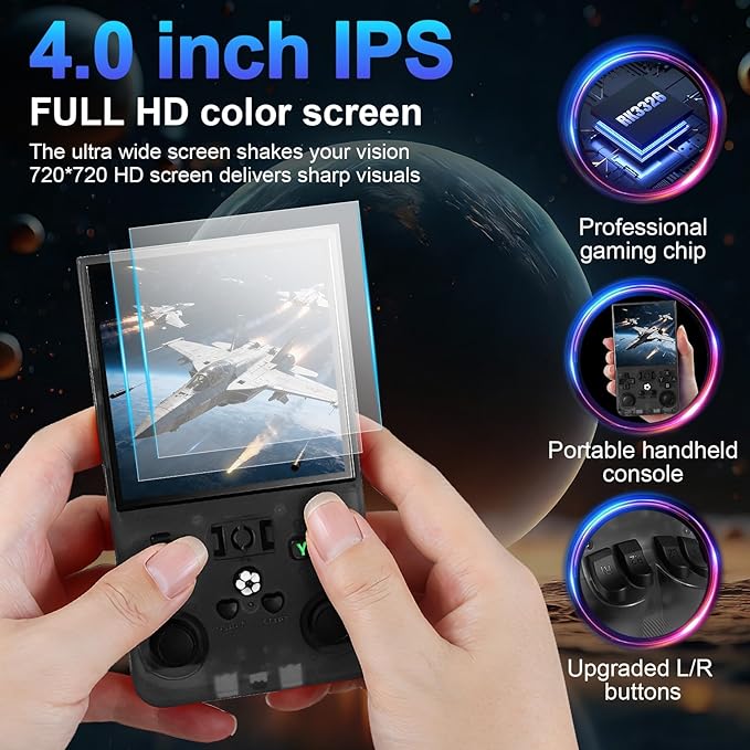 R36MAX Retro Handheld Game Console, 4.0 Inch Screen, 64GB, 18000+ Games, Linux System, 4000mAh Battery (Blcak Transparency, 128, GB)
