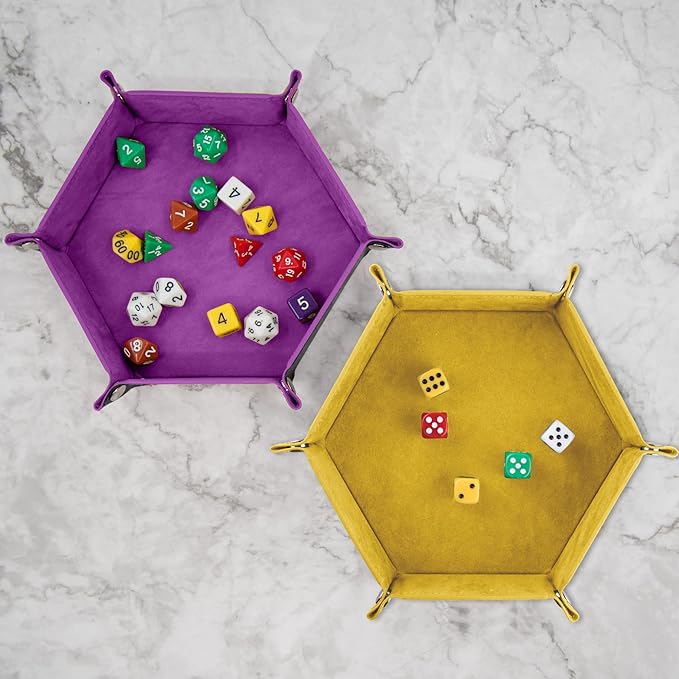 SIQUK 2 Pieces Dice Tray PU Leather Dice Folding Hexagon Tray Dice Holder for Dice Games Like RPG, DND and Other Table Games (Yellow, Violet)