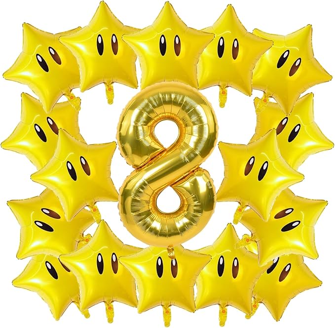 16PCS Foil Star Balloons, 40Inch Number 8 and Star Foil Balloons For Game Theme 8th Birthday Party Decorations Children Party Supply Party Decor （8th）