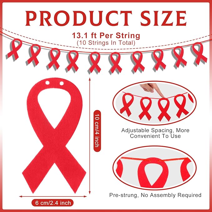 VitalCozy 10 Pcs Ribbon Awareness Banner 13.1 ft Ribbon Garland Cancer Awareness Decor Cancer Free Decorations for Society Events Groups Fundraisers Party Supplies(Red)