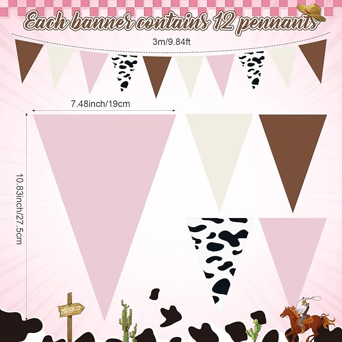 Pasimy 5 Pcs Cowgirl Party Decorations Western Cowgirl Triangle Flag Banner Pennant Pink Brown Cow Print Hanging Flag Banner for Girl First Birthday Farm Baby Shower Party Decorations