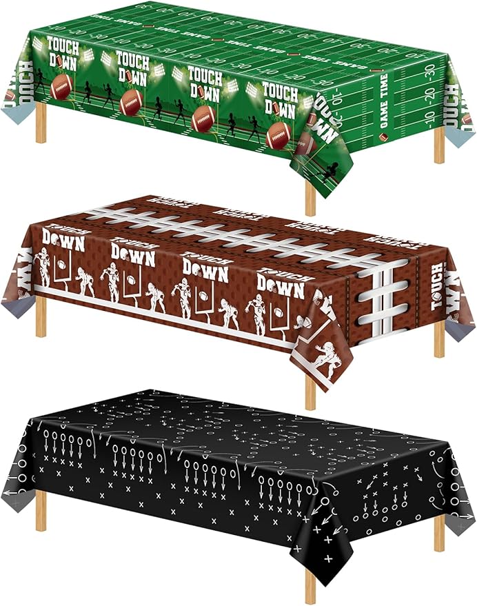 3 Pack Plastic Football Tablecloth, Superbowl Party Decorations 54 x 108 Inch Plastic Table Cloth for Rectangle Tables Disposable Touchdown Table Cover for Football Theme Party Games Decor