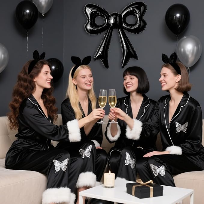 4 Pcs Black Bow Balloons, 31”Huge Bow Aluminum Foil Balloons for Girl Women Birthday, Baby Shower, Wedding, Bridal, Engagement, Bachelorette Party Decorations Supplies