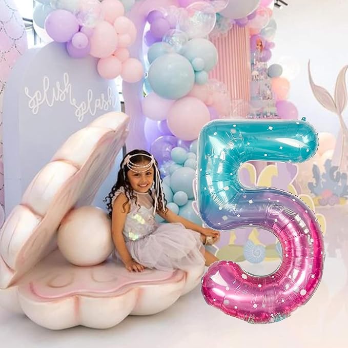 Mermaid Starry 5 Balloons, 40 Inch Giant Teal Blue Purple Mylar Foil Number 0-9 Helium Balloon for Girls, Self Inflating Rainbow 5th Birthday Balloon for Women Anniversary Party Decorations Supplies