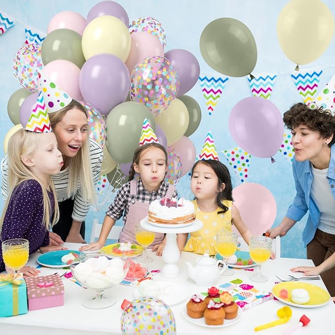 Pastel Balloons, 50Pcs 12 Inches Dusty Mist Green Macaron Purple Pink Yellow Balloon with Confetti Latex Balloons for Baby Shower Birthday Wedding Spring Flower Party Decoration