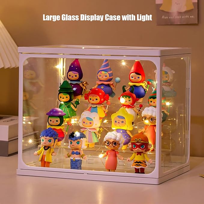 Large Glass Display Case for Figures with Light 3 Tier Clear Display Stand for Collectibles Stackable Assemble Display Box for Action Figures Toys Dustproof Clear Storage Box Showcase for Pop Mart