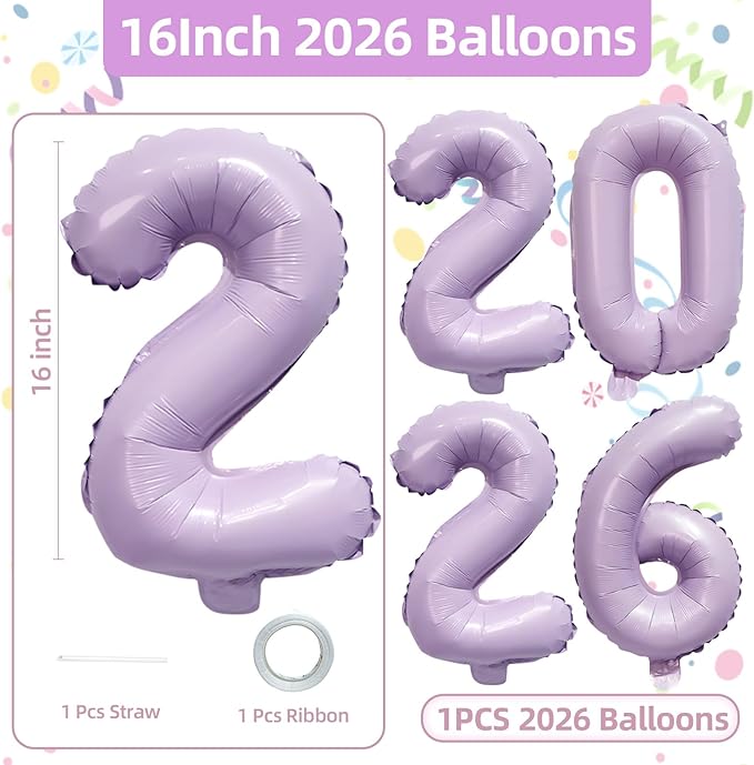 KALOR 16 Inch 2026 Pastel Purple Foil Number Balloons, 2026 New Years Decorations for 2026 Happy New Year Eve and Graduations Party Supplies