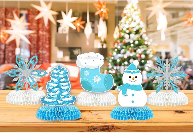 9Pcs Winter Wonderland Decorations 3D Snowflake Honeycomb Table Centerpieces for Frozen Winter Blue White Theme Christmas Baby Shower Birthday Party Supplies (Snowman Blue)